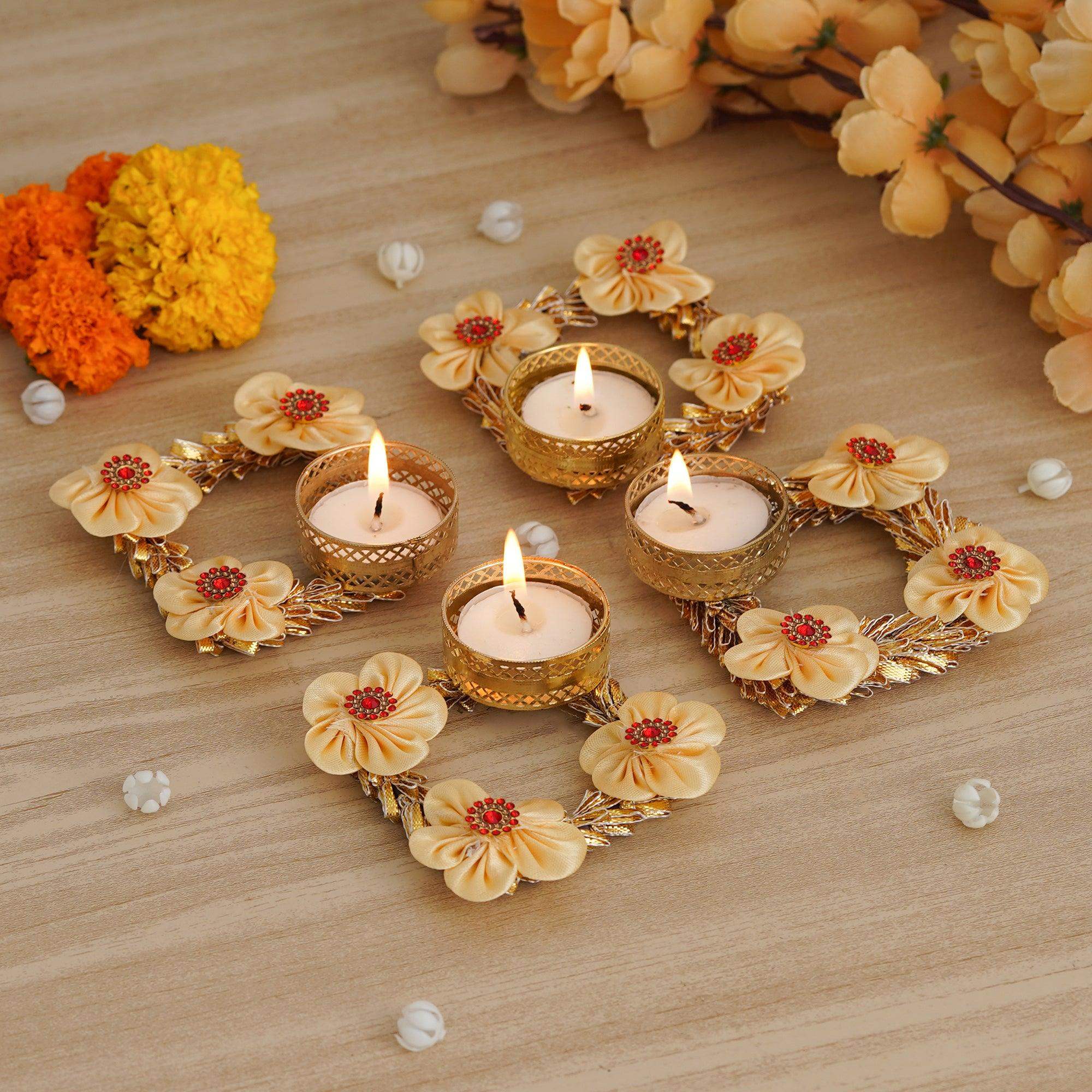 Handmade Set of 4 Tealight Candle Holders 3.5in for Diwali 2025 | Traditional Indian Pooja Festive Decor